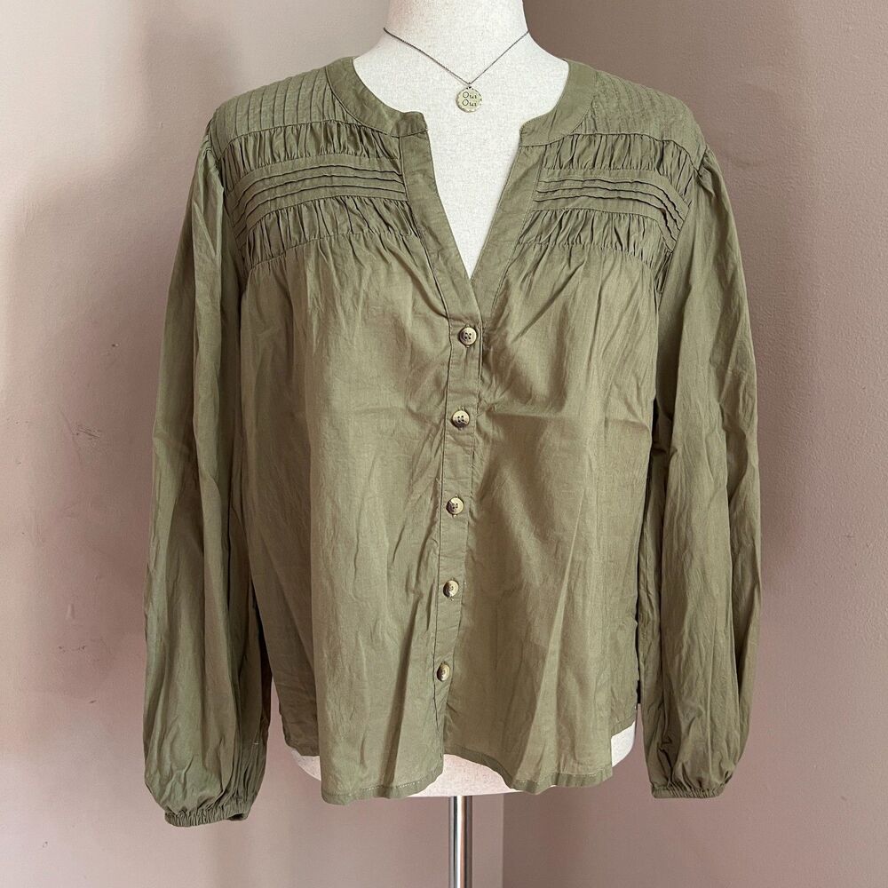Cleobella Olive Green Pintuck Peasant Blouse Balloon Sleeve Cotton Top Prairie M
